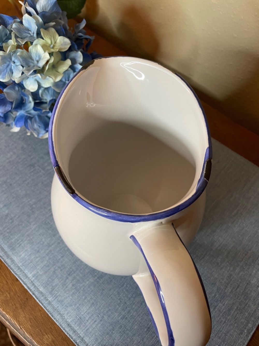 Vintage White Ceramic Pitcher with Blue Trim-Shabby Chic Cottagecore Style - Picture 2 of 10